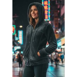 ADRIENNE VITTADINI sport faux fur hoodie women's M gray full zip jacket